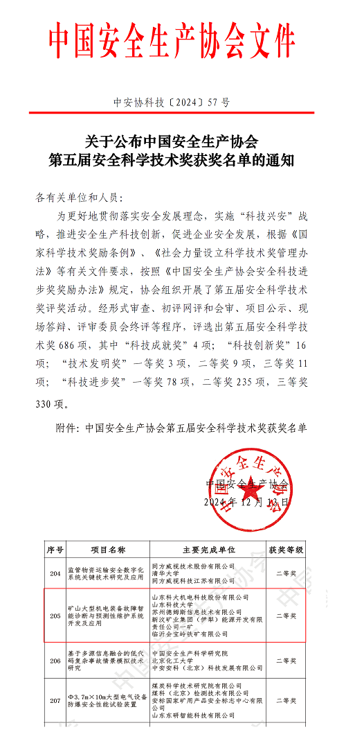 2024年12月礦山大型機電裝備故障智能診斷與預(yù)測性維護系統(tǒng)開發(fā)及應(yīng)用項目榮獲中國安全科研技術(shù)二等獎.png
